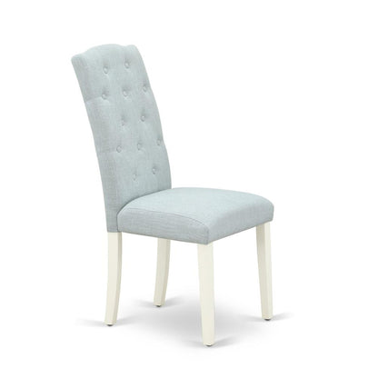 1MZCE5-LWH-15 5Pc Dinette Sets for Small Spaces Includes a Small Kitchen Table and 4 Parson Chairs with Baby Blue Color Linen Fabric, Drop Leaf Table with Full Back Chairs, Linen White Finish