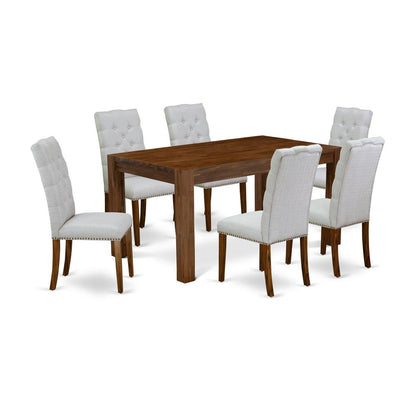 East West Furniture CNEL7-N8-05 7-Piece Dining Room Set- 6 Parson Chairs with Grey Linen Fabric Seat and Button Tufted Chair Back - Rectangular Table Top & Wooden 4 legs - Antique Walnut Finish