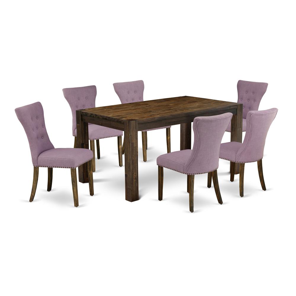 East West Furniture CNGA7-77-40 7-Pc Dining Room Table Set- 6 Kitchen Parson Chairs with Dahlia Linen Fabric Seat and Button Tufted Chair Back - Rectangular Table Top & Wooden 4 Legs - Distressed Jaco