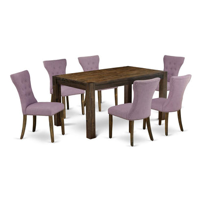East West Furniture CNGA7-77-40 7-Pc Dining Room Table Set- 6 Kitchen Parson Chairs with Dahlia Linen Fabric Seat and Button Tufted Chair Back - Rectangular Table Top & Wooden 4 Legs - Distressed Jaco