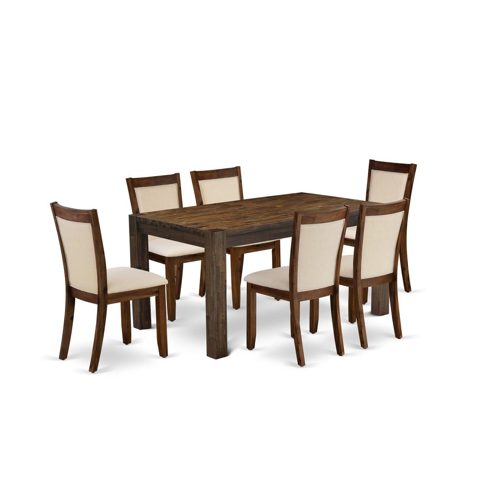 East West Furniture 7-Piece Dining Table Set - A Wood Dining Table and 6 Gorgeous Light Beige Linen Fabric Padded Dining Chair with Stylish High Back – (Distressed Jacobean Finish)