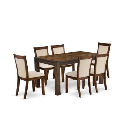 East West Furniture 7-Piece Dining Table Set - A Wood Dining Table and 6 Gorgeous Light Beige Linen Fabric Padded Dining Chair with Stylish High Back – (Distressed Jacobean Finish)