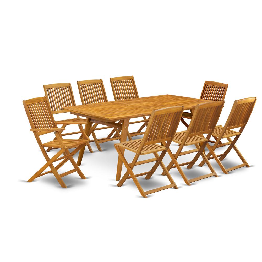 East West Furniture DECM92CANA 9-Piece Modern Table Set- 8 Arm Chairs with Slatted Back and Patio Table and Rectangular Top with Wooden 4 legs â€“ Natural Oil Finish