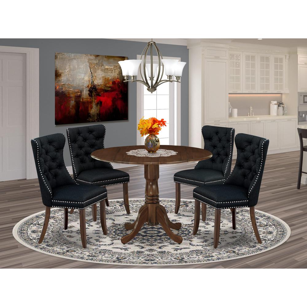 5 Piece Dining Table Set Contains a Round Solid Wood Table with Dropleaf