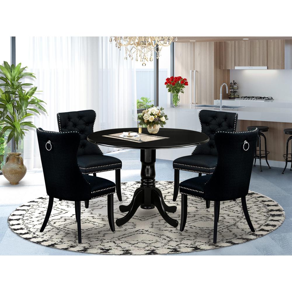 5 Piece Dining Table Set Contains a Round Solid Wood Table with Dropleaf