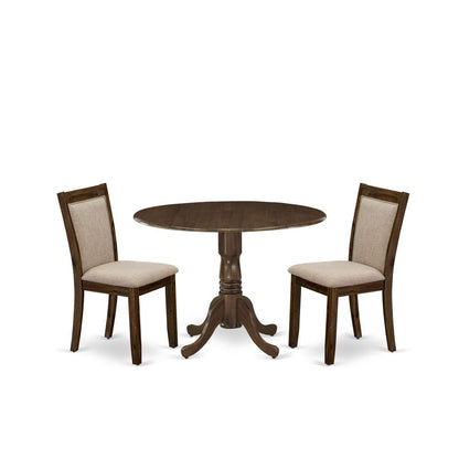 East West Furniture 3-Piece Dining Room Set Consists of a Pedestal Table with Drop Leaves and 2 Light Tan Linen Fabric Dining Chairs - Sand Blasting Antique Walnut Finish