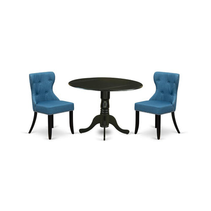 East-West Furniture DLSI3-BLK-21 - A dining room table set of two amazing indoor dining chairs with Linen Fabric Mineral Blue color and a fantastic wood pedestal kitchen table using Black color