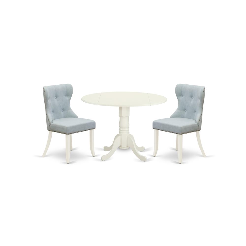 East-West Furniture DLSI3-WHI-15 - A dining table set of two fantastic dining room chairs with Linen Fabric Baby Blue color and an attractive wood table with Linen White color