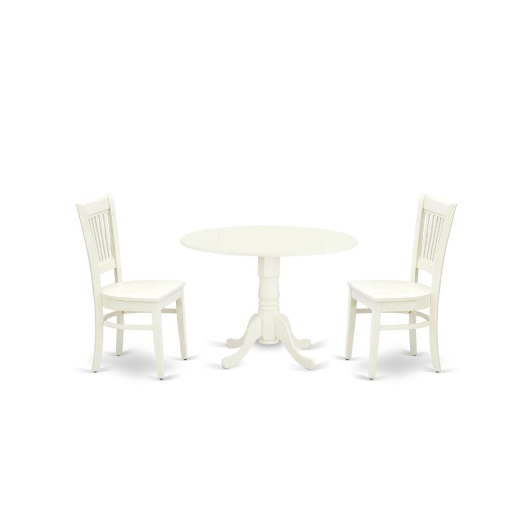 East West Furniture - DLVA3-LWH-W - 3-Piece Dining Table Set- 2 Kitchen Chairs with Wooden Seat and Slatted Chair Back - Drop Leaves Dining Table - Linen White Finish