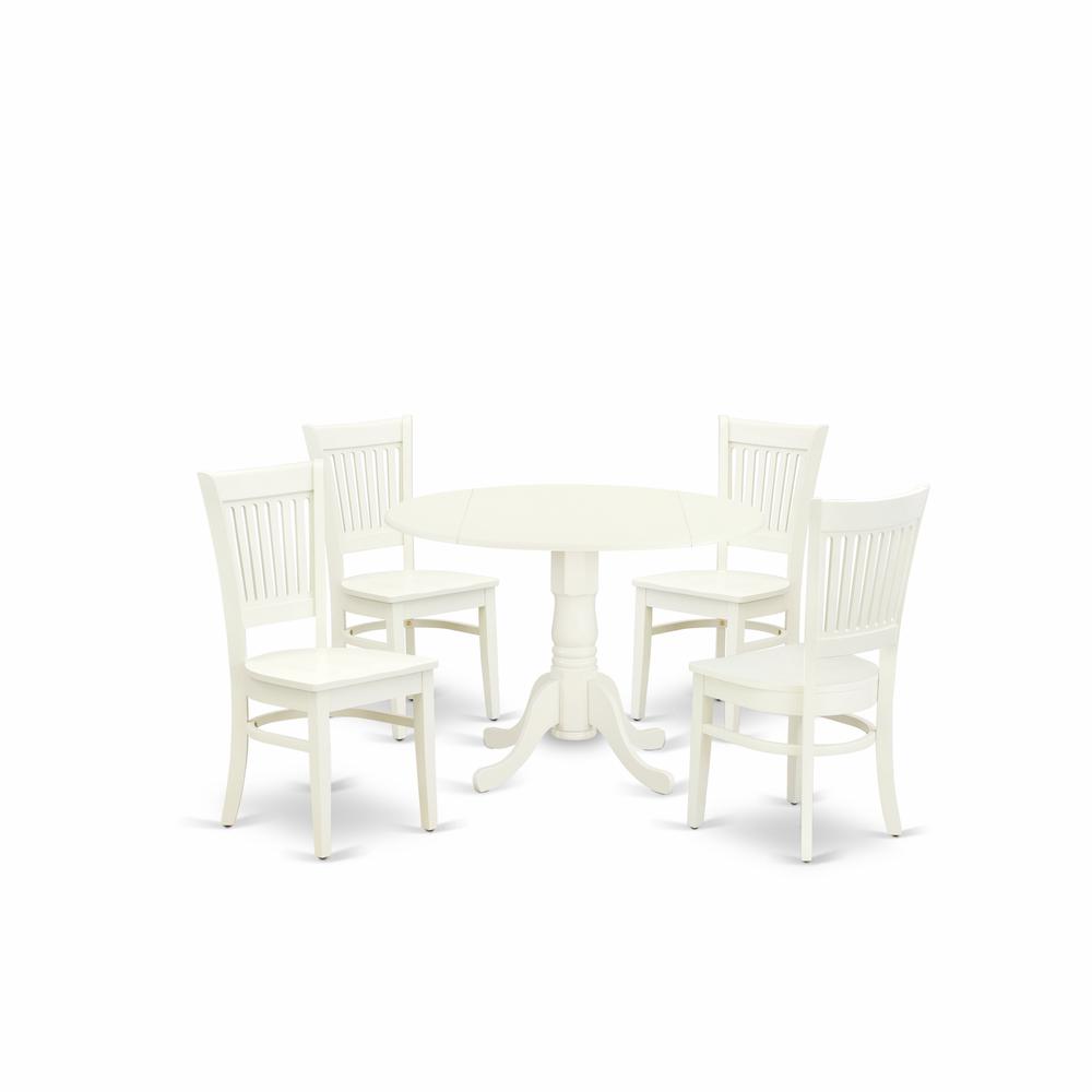 East West Furniture - DLVA5-LWH-W - 5-Pc Dinette Room Set- 4 Dining Room Chairs with Wooden Seat and Slatted Chair Back - Drop Leaves Dining Table - Linen White Finish