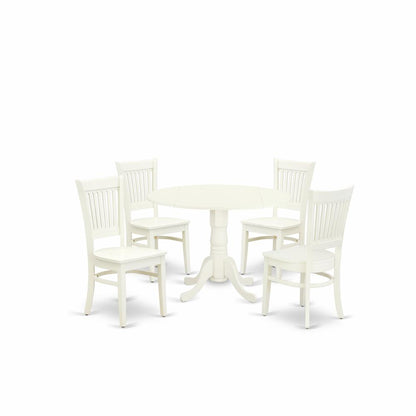 East West Furniture - DLVA5-LWH-W - 5-Pc Dinette Room Set- 4 Dining Room Chairs with Wooden Seat and Slatted Chair Back - Drop Leaves Dining Table - Linen White Finish