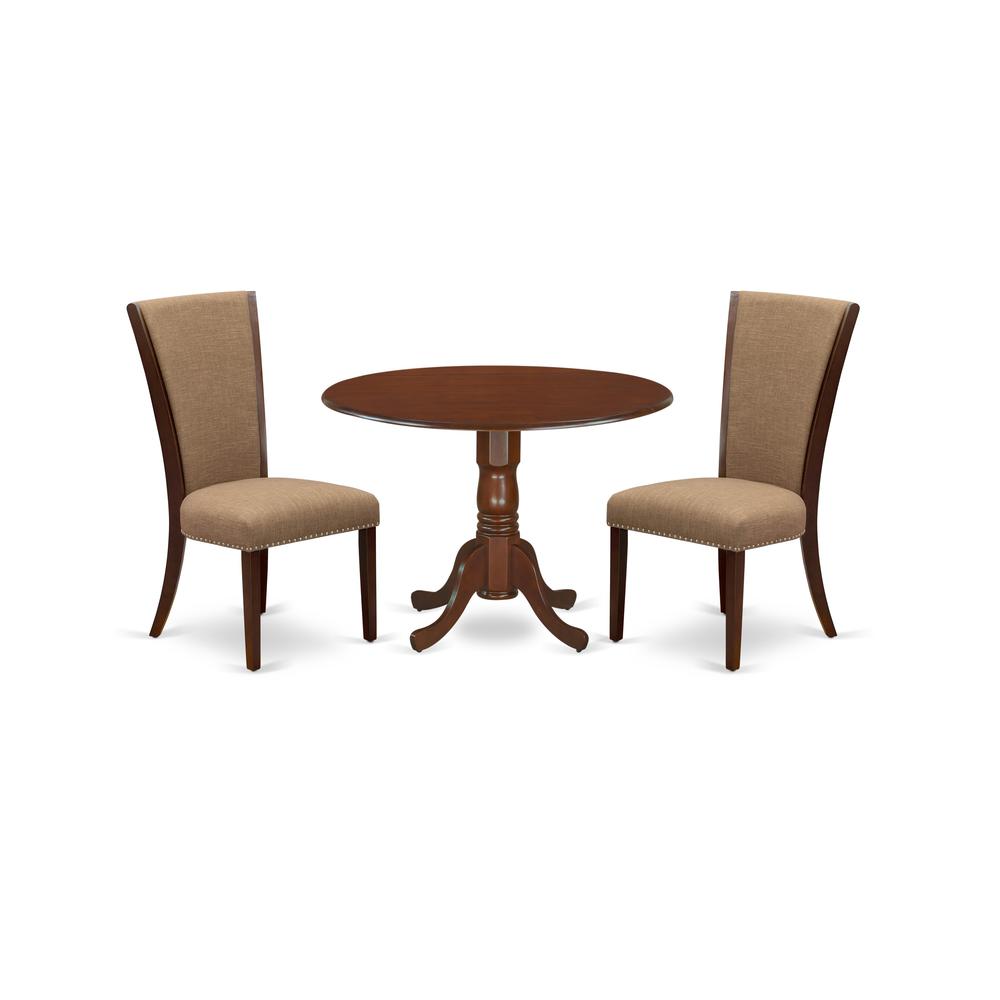 East-West Furniture DLVE3-MAH-47 - A dining room table set of two excellent dining chairs with Linen Fabric Light Sable color and a beautiful wooden dining table with Mahogany Finish