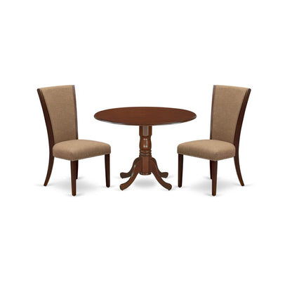 East-West Furniture DLVE3-MAH-47 - A dining room table set of two excellent dining chairs with Linen Fabric Light Sable color and a beautiful wooden dining table with Mahogany Finish