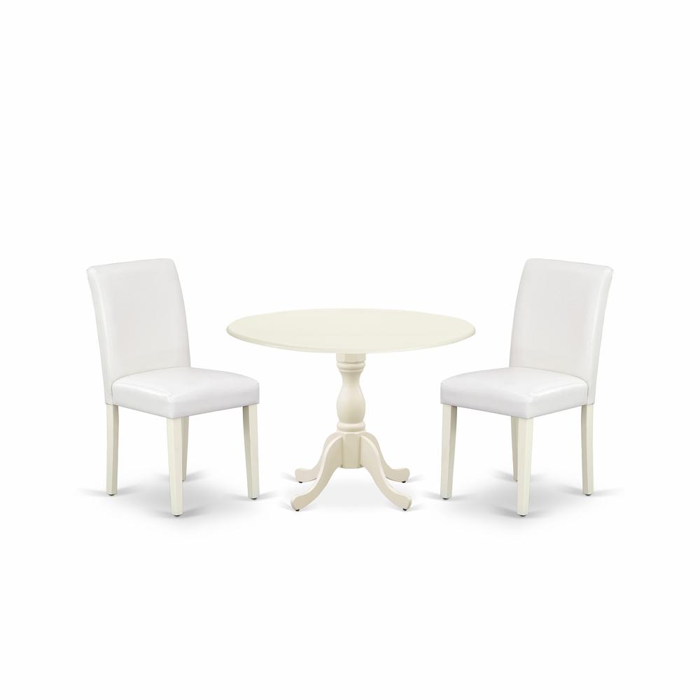 East West Furniture DMAB3-LWH-64 3 Piece Dining Room Set Includes 1 Drop Leaves Dining Table and 2 White PU Leather Upholstered Dining Chairs with High Back - Linen White Finish