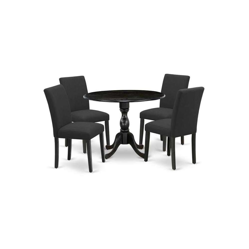 East West Furniture DMAB5-ABK-24 5 Piece Wood Dining Table Set Contains 1 Drop Leaves Dining Room Table and 4 Black Linen Fabric Dining Chair with High Back - Wire Brushed Black Finish