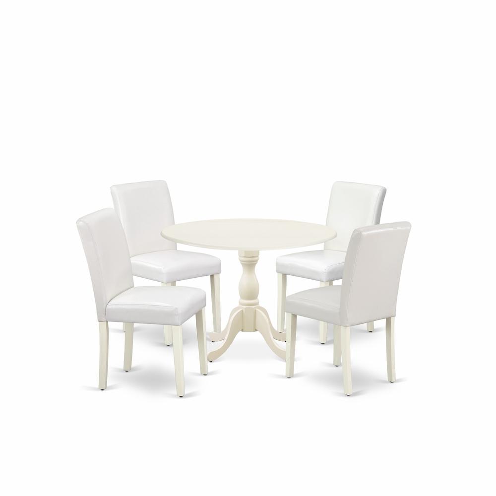East West Furniture DMAB5-LWH-64 5 Piece Dinning Room Table Set Contains 1 Drop Leaves Wooden Table and 4 White PU Leather Upholstered Chair with High Back - Linen White Finish