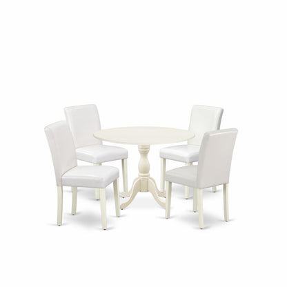 East West Furniture DMAB5-LWH-64 5 Piece Dinning Room Table Set Contains 1 Drop Leaves Wooden Table and 4 White PU Leather Upholstered Chair with High Back - Linen White Finish