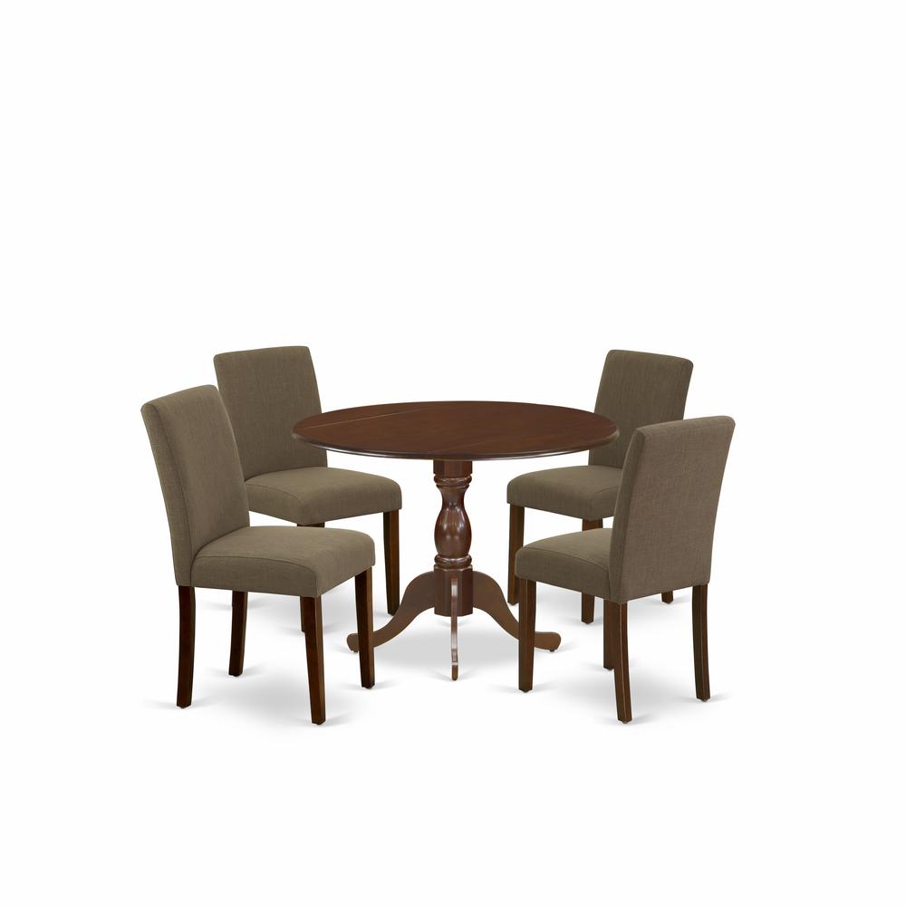 East West Furniture DMAB5-MAH-18 5 Piece Wood Dining Table Set Consists of 1 Drop Leaves Kitchen Table and 4 Coffee Linen Fabric Kitchen Chairs with High Back - Mahogany Finish