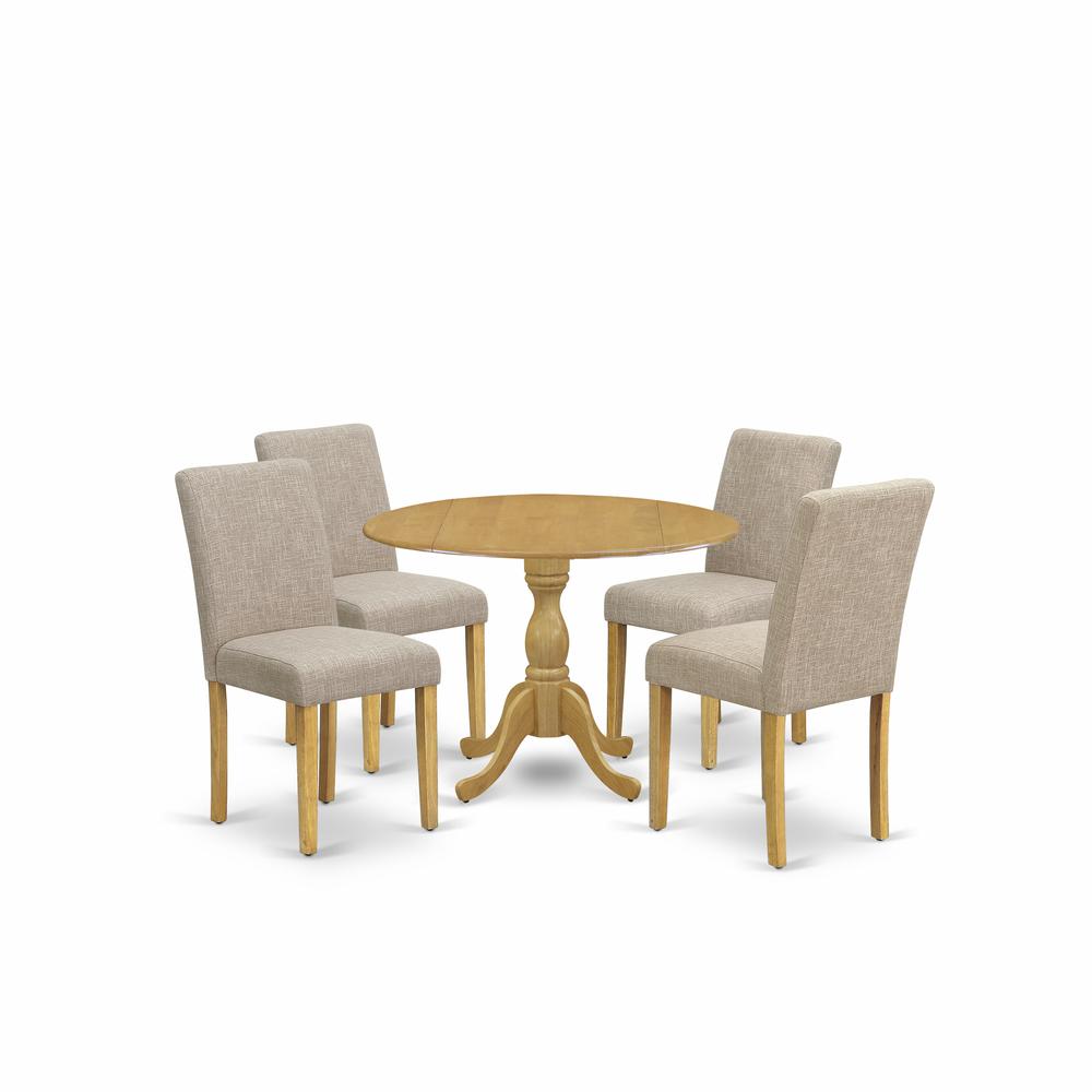 East West Furniture DMAB5-OAK-04 5 Piece Dining Room Table Set - Oak Wood Dining Table and 4 Light Tan Linen Fabric Dining Room Chairs with High Back - Oak Finish