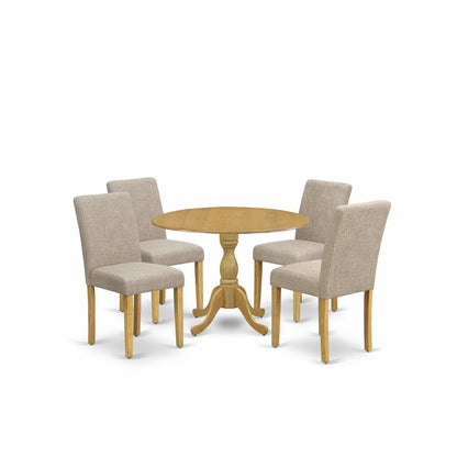 East West Furniture DMAB5-OAK-04 5 Piece Dining Room Table Set - Oak Wood Dining Table and 4 Light Tan Linen Fabric Dining Room Chairs with High Back - Oak Finish
