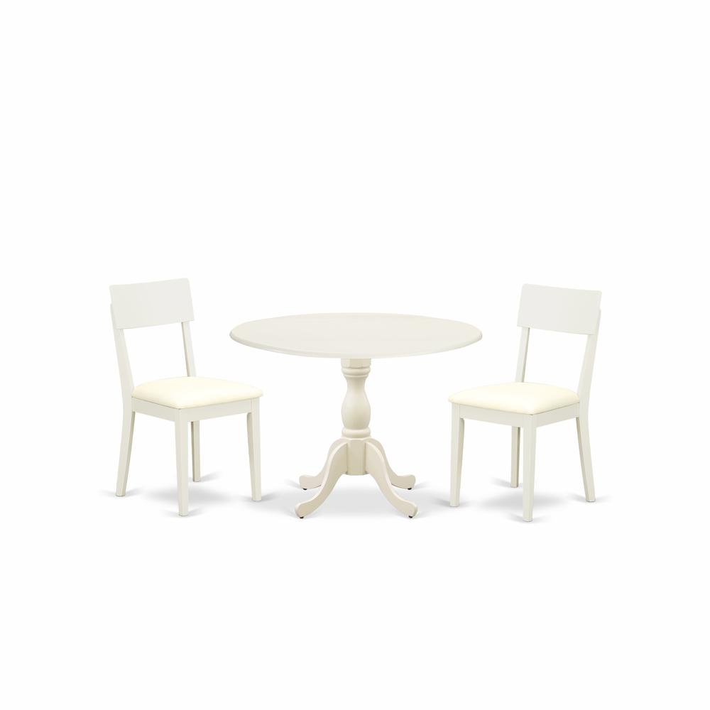 East West Furniture DMAD3-LWH-C 3 Piece Dinette Set Consists of 1 Drop Leaves Modern Dining Room Table and 2 Linen White Faux Leather Dining Room Chairs with Ladder Back - Linen White Finish