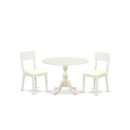 East West Furniture DMAD3-LWH-C 3 Piece Dinette Set Consists of 1 Drop Leaves Modern Dining Room Table and 2 Linen White Faux Leather Dining Room Chairs with Ladder Back - Linen White Finish