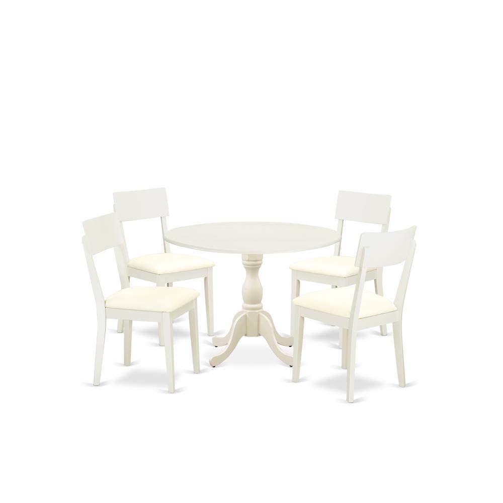 East West Furniture DMAD5-LWH-C 5 Piece Dining Room Set Consists of 1 Drop Leaves Dining Table and 4 Linen White Faux Leather Dining Chair with Ladder Back - Linen White Finish