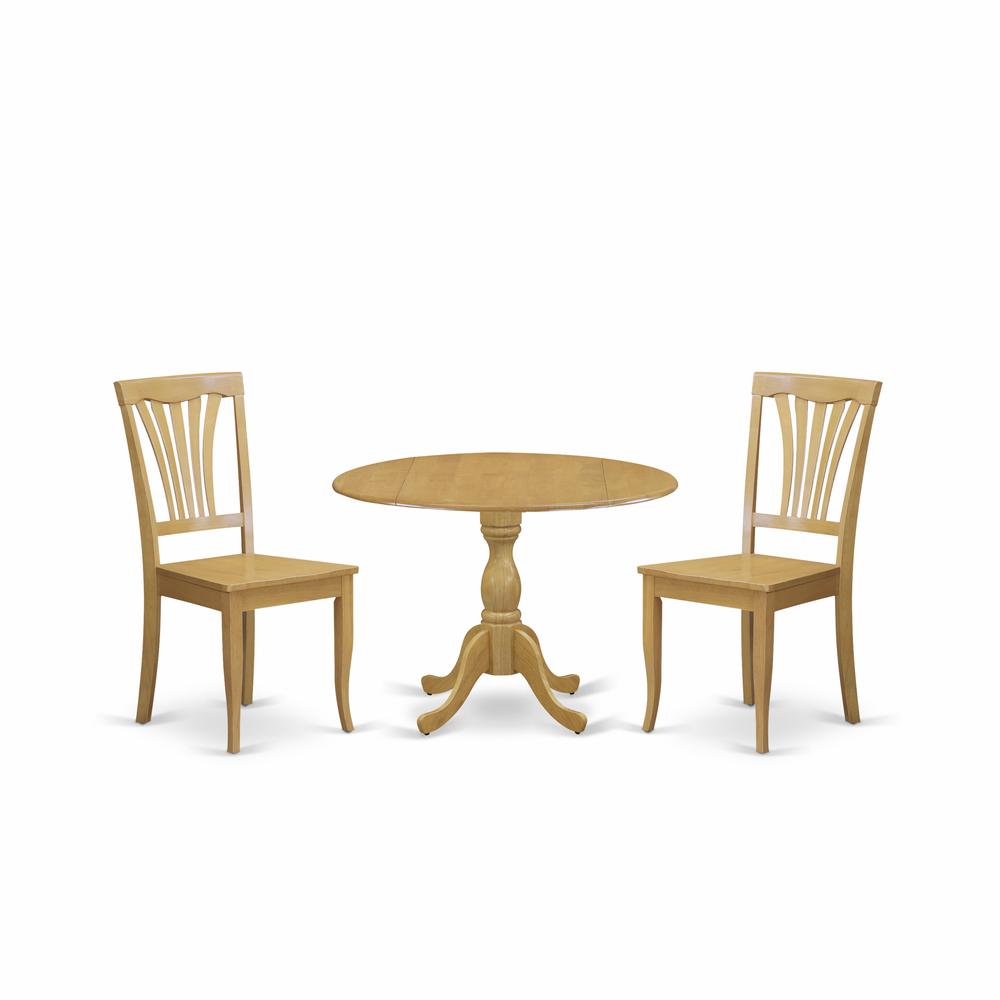 East West Furniture DMAV3-OAK-W 3 Piece Dining Room Table Set - Dropleaf Dining Room Table and 2 Oak Wooden Dining Chairs with Slatted Back - Oak Finish