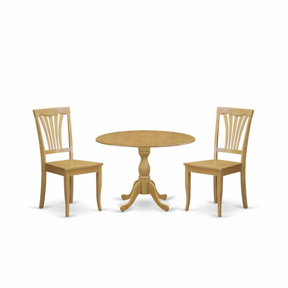 East West Furniture DMAV3-OAK-W 3 Piece Dining Room Table Set - Dropleaf Dining Room Table and 2 Oak Wooden Dining Chairs with Slatted Back - Oak Finish