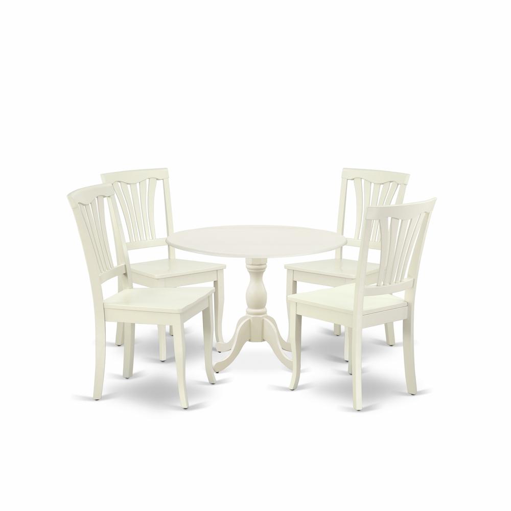 East West Furniture DMAV5-LWH-W 5 Piece Dining Room Set Contains 1 Drop Leaves Dining Room Table and 4 Linen White Kitchen Chairs with Slatted Back - Linen White Finish