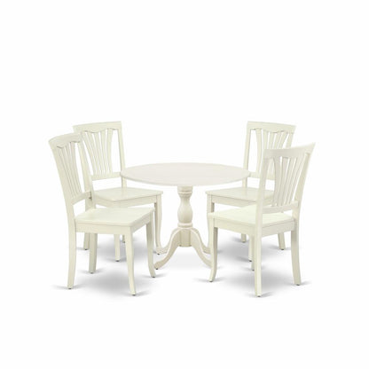 East West Furniture DMAV5-LWH-W 5 Piece Dining Room Set Contains 1 Drop Leaves Dining Room Table and 4 Linen White Kitchen Chairs with Slatted Back - Linen White Finish