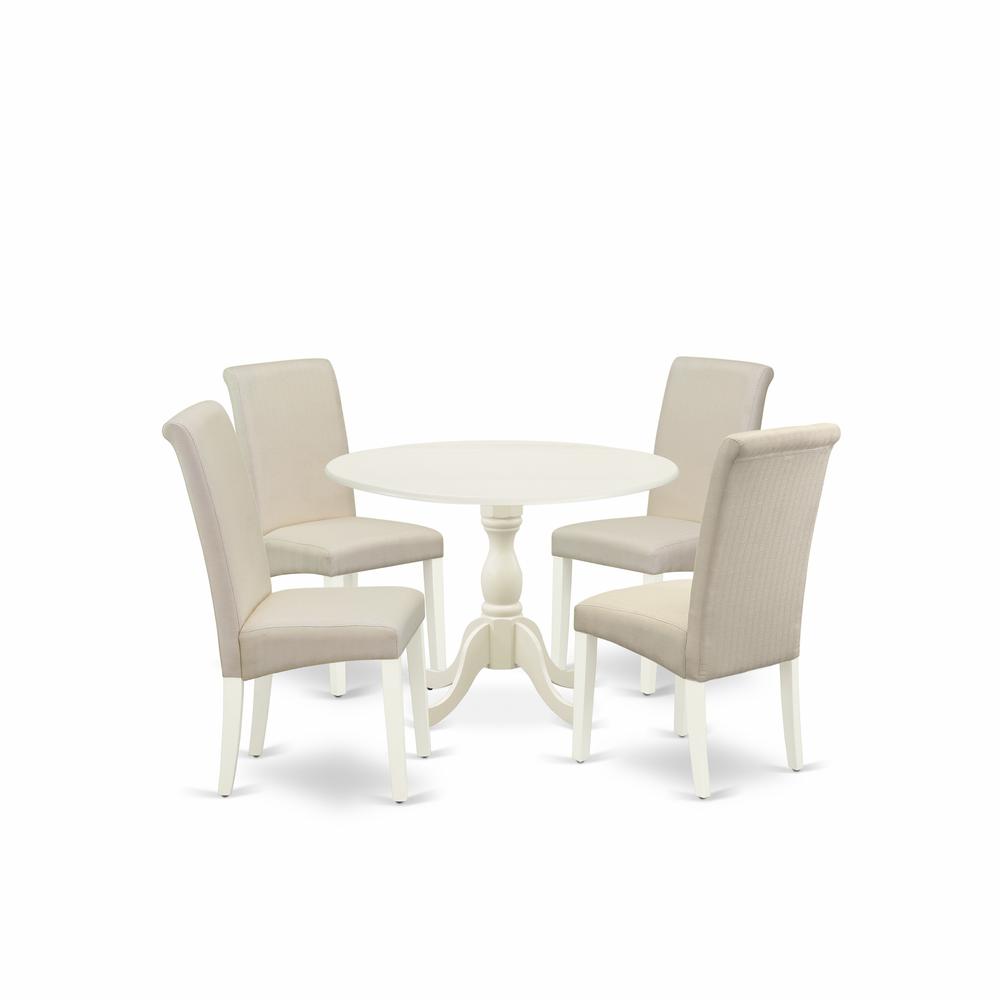 East West Furniture DMBA5-LWH-01 5 Piece Dining Room Set Consists of 1 Drop Leaves Dining Table and 4 Cream Linen Fabric Dining Chair with High Back - Linen White Finish