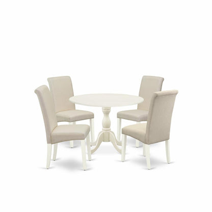 East West Furniture DMBA5-LWH-01 5 Piece Dining Room Set Consists of 1 Drop Leaves Dining Table and 4 Cream Linen Fabric Dining Chair with High Back - Linen White Finish