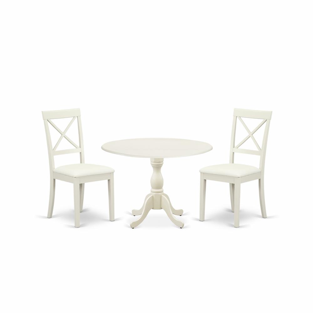 East West Furniture DMBO3-LWH-C 3 Piece Dinning Room Table Set Consists of 1 Drop Leaves Modern Dining Table and 2 Linen White Faux Leather Kitchen Chairs with X-Back - Linen White Finish