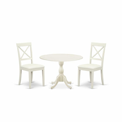 East West Furniture DMBO3-LWH-C 3 Piece Dinning Room Table Set Consists of 1 Drop Leaves Modern Dining Table and 2 Linen White Faux Leather Kitchen Chairs with X-Back - Linen White Finish