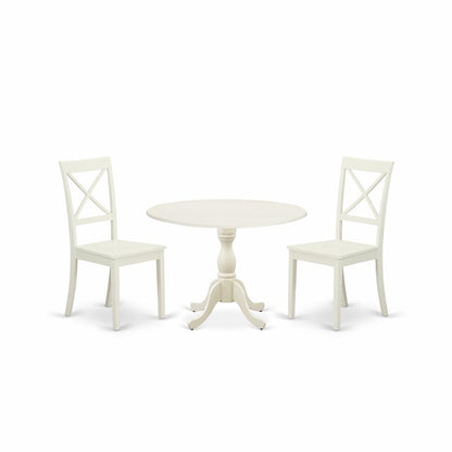 East West Furniture DMBO3-LWH-W 3 Piece Dinning Room Table Set Consists of 1 Drop Leaves Dining Room Table and 2 Linen White Wood Chair with X-Back - Linen White Finish