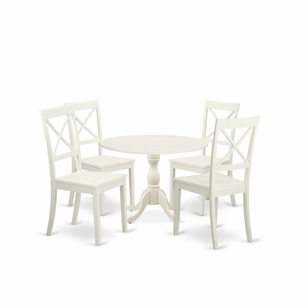 East West Furniture DMBO5-LWH-W 5 Piece Wood Dining Table Set Consists of 1 Drop Leaves Dining Table and 4 Linen White Wooden Kitchen Chairs with X-Back - Linen White Finish