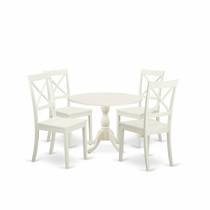 East West Furniture DMBO5-LWH-W 5 Piece Wood Dining Table Set Consists of 1 Drop Leaves Dining Table and 4 Linen White Wooden Kitchen Chairs with X-Back - Linen White Finish