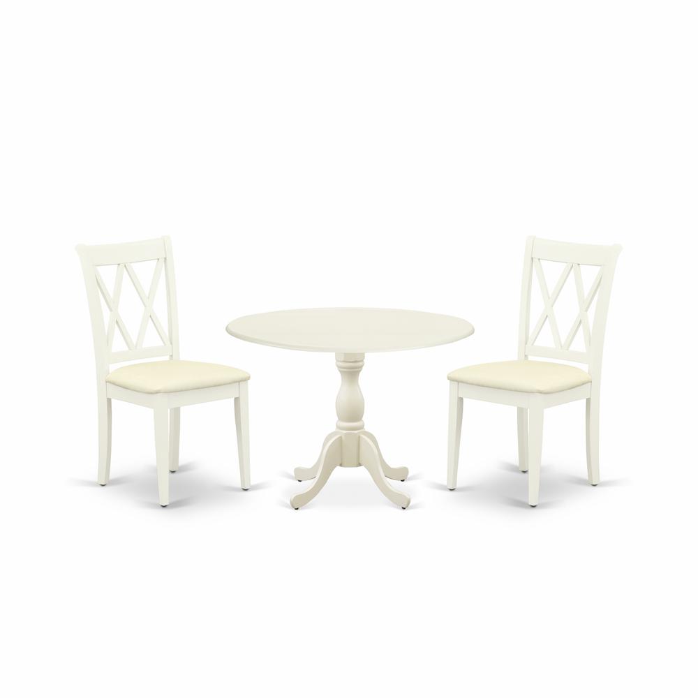 East West Furniture DMCL3-LWH-C 3 Piece Dining Room Table Set Includes 1 Drop Leaves Wood Dining Table and 2 Linen White Dinning Room Chairs with Double X-Back - Linen White Finish
