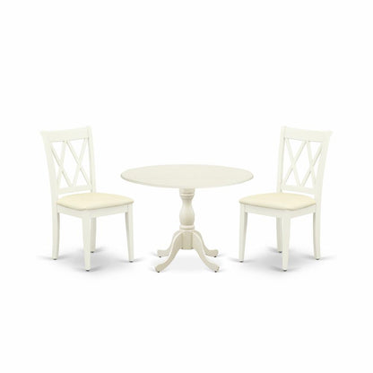 East West Furniture DMCL3-LWH-C 3 Piece Dining Room Table Set Includes 1 Drop Leaves Wood Dining Table and 2 Linen White Dinning Room Chairs with Double X-Back - Linen White Finish