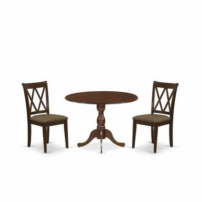 East West Furniture DMCL3-MAH-C 3 Piece Dining Room Set Consists of 1 Drop Leaves Dining Table and 2 Mahogany Linen Fabric Dining Room Chairs with Double X-Back - Mahogany Finish