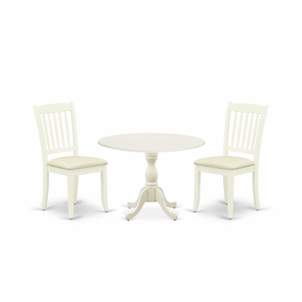 East West Furniture DMDA3-LWH-C 3 Piece Dining Room Table Set Includes 1 Drop Leaves Dining Room Table and 2 Linen White Wooden Dining Chairs with Slatted Back - Linen White Finish