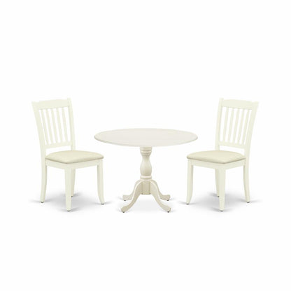 East West Furniture DMDA3-LWH-C 3 Piece Dining Room Table Set Includes 1 Drop Leaves Dining Room Table and 2 Linen White Wooden Dining Chairs with Slatted Back - Linen White Finish