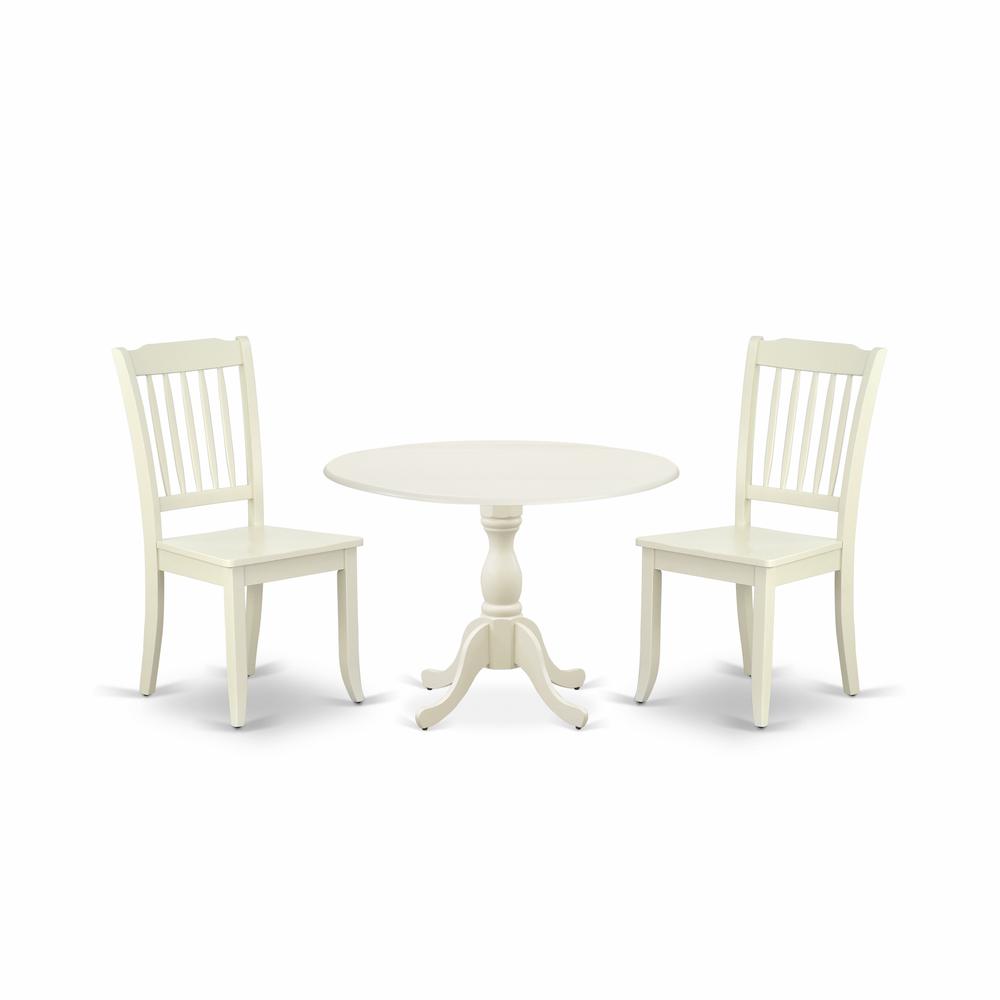 East West Furniture DMDA3-LWH-W 3 Piece Dining Table Set Consists of 1 Drop Leaves Wooden Dining Table and 2 Linen White Mid Century Modern Dining Chairs with Slatted Back - Linen White Finish