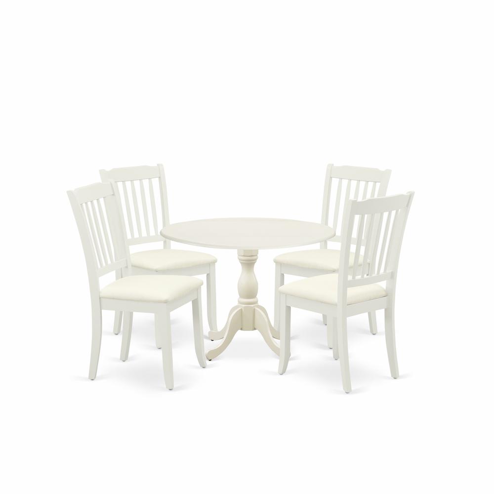 East West Furniture DMDA5-LWH-C 5 Piece Dining Room Set Consists of 1 Drop Leaves Dining Room Table and 4 Linen White Kitchen Chairs with Slatted Back - Linen White Finish