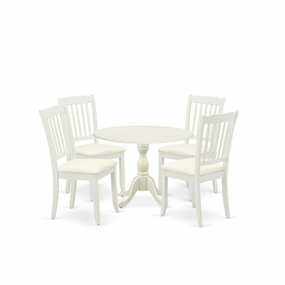 East West Furniture DMDA5-LWH-C 5 Piece Dining Room Set Consists of 1 Drop Leaves Dining Room Table and 4 Linen White Kitchen Chairs with Slatted Back - Linen White Finish