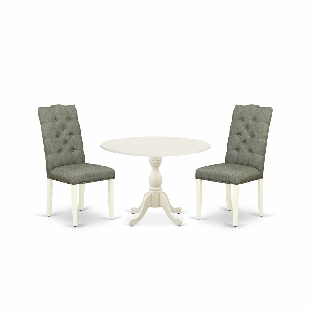 East West Furniture DMEL3-LWH-07 3 Piece Dining Room Set Consists of 1 Drop Leaves Dining Table and 2 Smoke Linen Fabric Parson Dining Chairs Button Tufted Back with Nail Heads - Linen White Finish