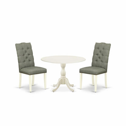 East West Furniture DMEL3-LWH-07 3 Piece Dining Room Set Consists of 1 Drop Leaves Dining Table and 2 Smoke Linen Fabric Parson Dining Chairs Button Tufted Back with Nail Heads - Linen White Finish