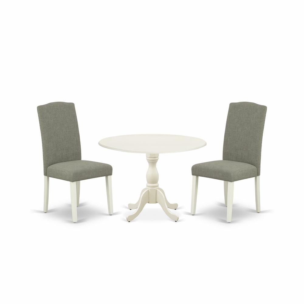 East West Furniture DMEN3-LWH-06 3 Piece Dinette Sets Contains 1 Drop Leaves Wooden Table and 2 Dark Shitake Linen Fabric Parsons Chair High Back with Nail Heads - Linen White Finish