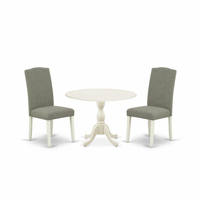 East West Furniture DMEN3-LWH-06 3 Piece Dinette Sets Contains 1 Drop Leaves Wooden Table and 2 Dark Shitake Linen Fabric Parsons Chair High Back with Nail Heads - Linen White Finish